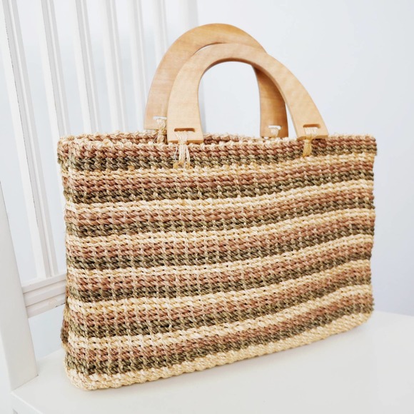 Vintage Handbags - Woven Basket Tote Purse Wooden Top Handle Vintage  Open Construction